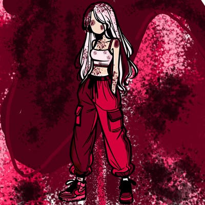 girl in baggy pants crop top and long hair