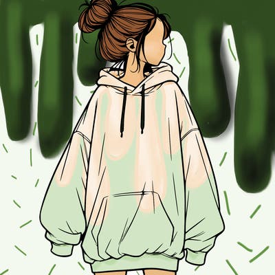 realistic girl with a oversized sweatshirt on and a bun