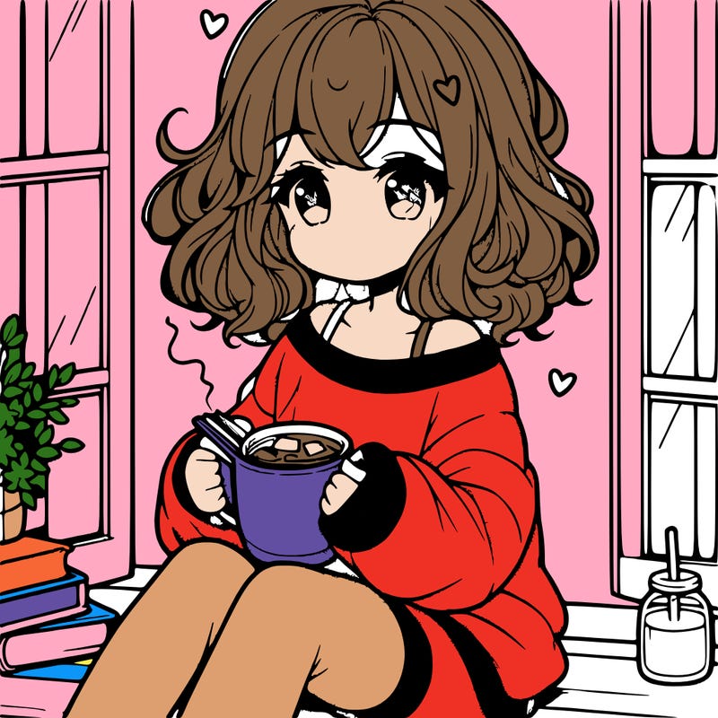 cute anime girl reading book and drinking hot chocolate from mug with loose wavy hair wearing a baggy sweatshirt and shorts sitting by windowsill looking out
