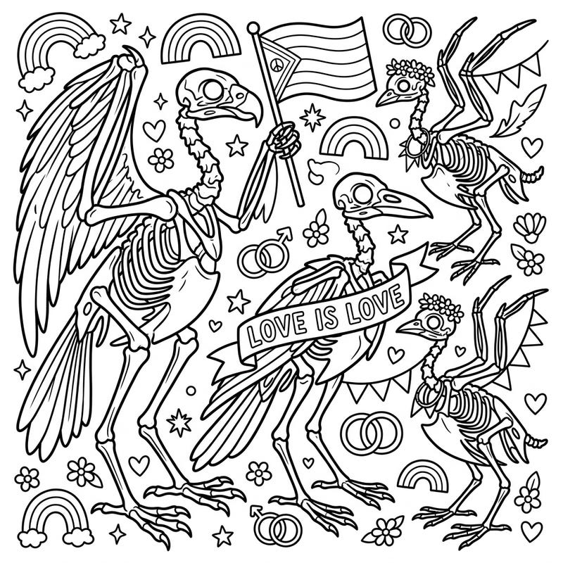 Celebrate Pride Month with a uniquely artistic twist! This captivating coloring page features detailed bird skeletons adorned with symbols of love, diversity, and community, ready for your creative touch.