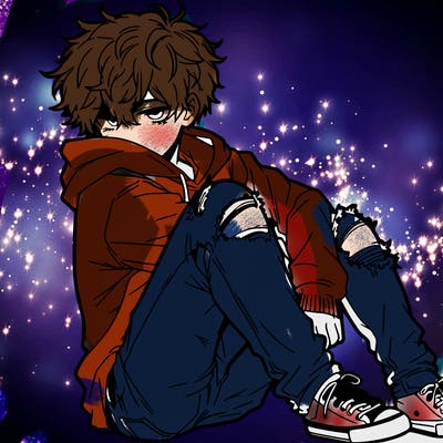 a male hoddie ripped jeans messy hair anime