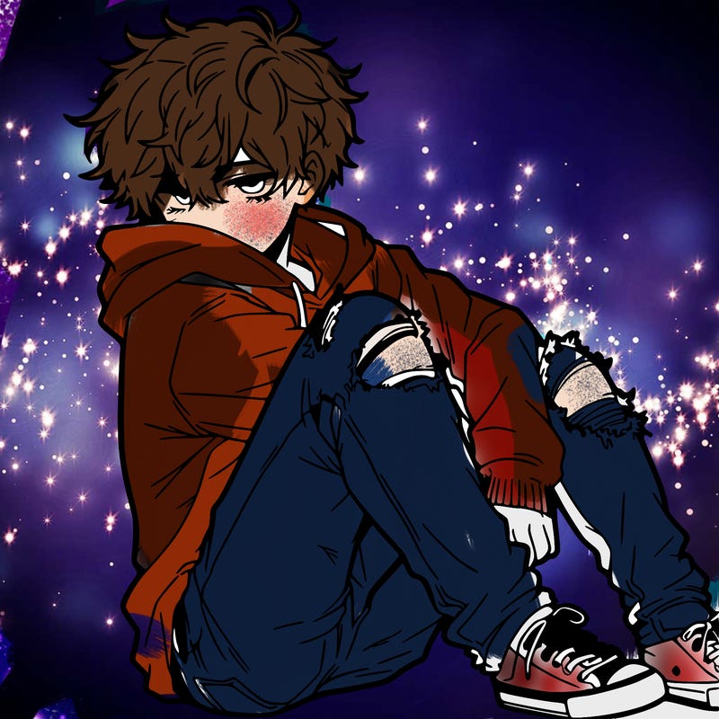 a male hoddie ripped jeans messy hair anime