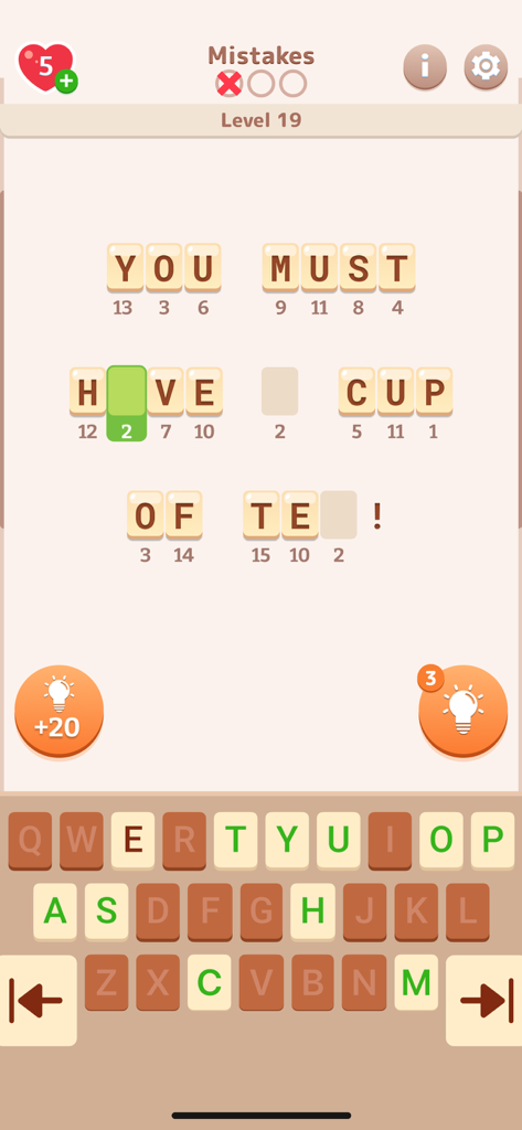 Cryptogram: Word Puzzles Games - A mobile game screen showing a cryptogram puzzle level where letters are decoded using numbers to reveal a hidden quote.
