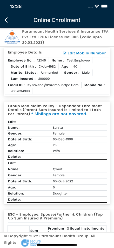 Online enrollment interface of the mWise app showing employee and family insurance coverage details