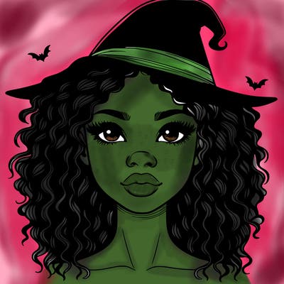 realistic black girl with wavy hair and witch hat and nose and lips