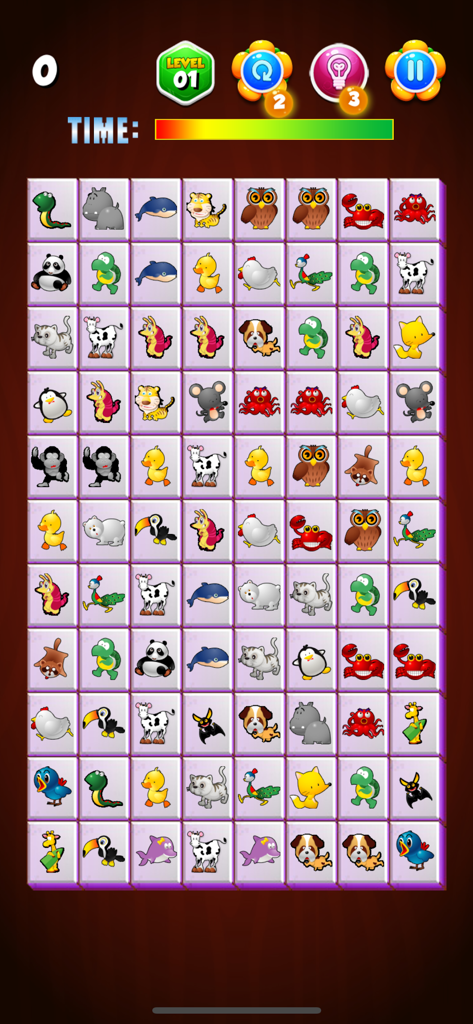 Onet Connect Animals Deluxe - A classic tile matching puzzle game screen featuring a grid of various cartoon animal icons and a timer bar