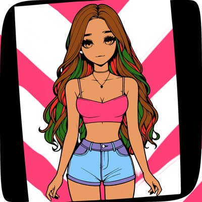 a realistic girl with long hair and in a crop top and shprts