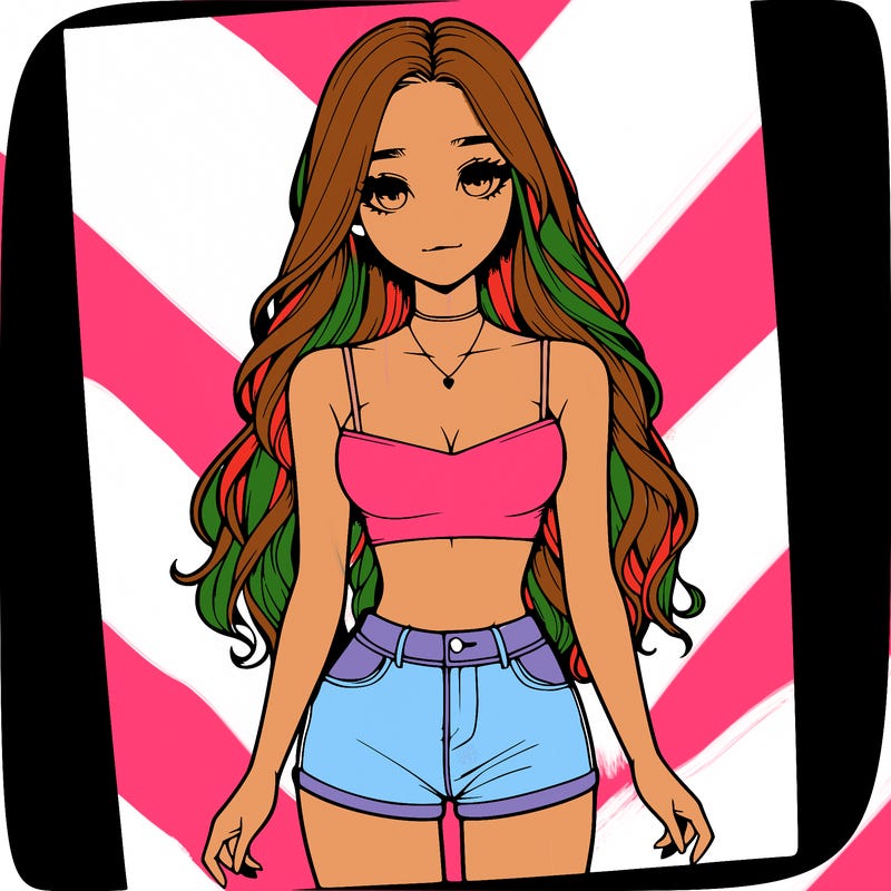 a realistic girl with long hair and in a crop top and shprts