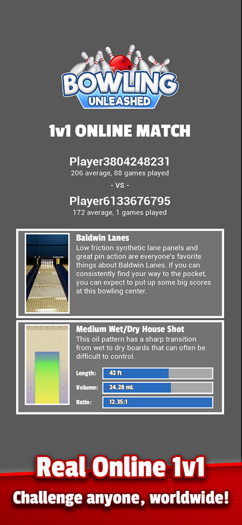 A 1v1 online match screen in Bowling Unleashed showing player stats and technical oil pattern details.