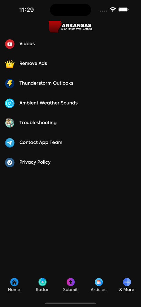 AR Weather Watchers - Arkansas Weather Watchers mobile app menu screen featuring thunderstorm outlooks and ambient weather sounds