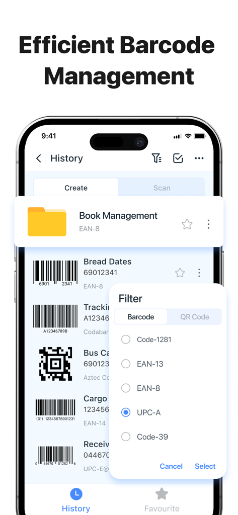 App interface showing barcode history list with a filter menu for various formats like EAN and UPC