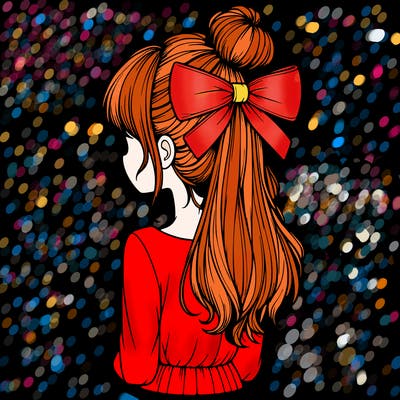 realistic girl  with hip length hair a bun and a big bow on the back of head