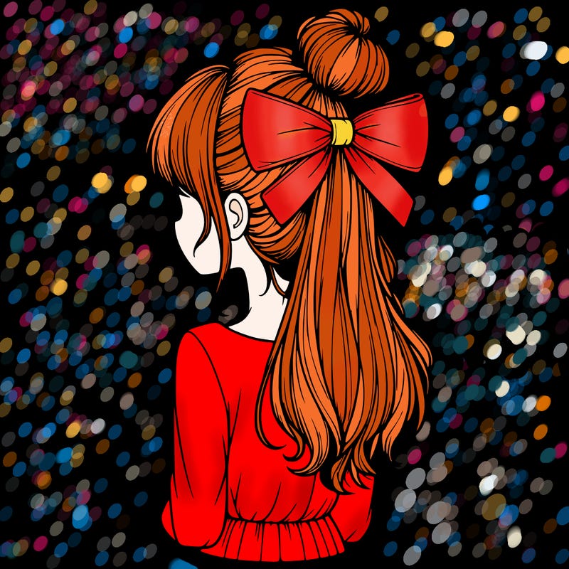 realistic girl  with hip length hair a bun and a big bow on the back of head