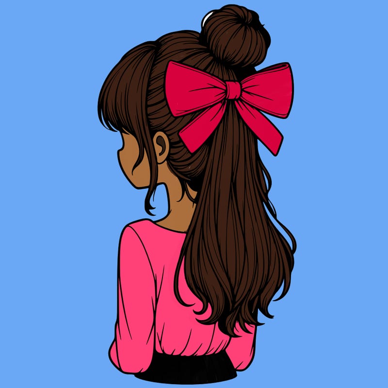 realistic girl  with hip length hair a bun and a big bow on the back of head