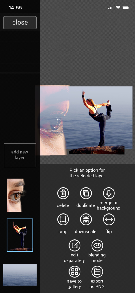 PicMix Lite - Interfaz del editor de fotos de PicMix Lite mostrando múltiples capas y herramientas de manipulación de imágenes