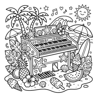 Get ready for a unique blend of melody and sunshine with this electronic organ coloring page. Immerse yourself in a vibrant beach scene filled with musical instruments and tropical delights, perfect for a relaxing summer coloring session.
