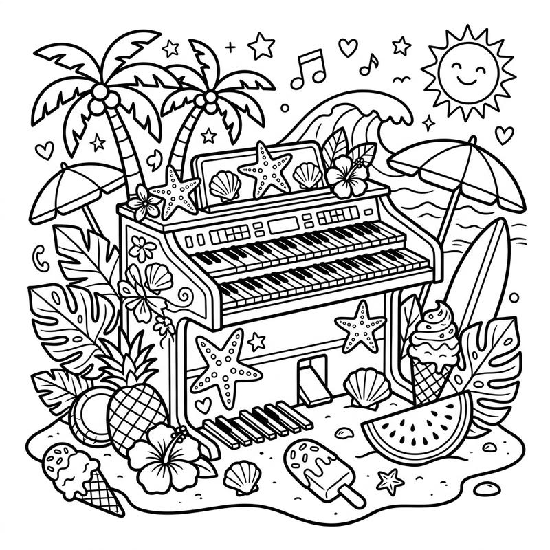Get ready for a unique blend of melody and sunshine with this electronic organ coloring page. Immerse yourself in a vibrant beach scene filled with musical instruments and tropical delights, perfect for a relaxing summer coloring session.