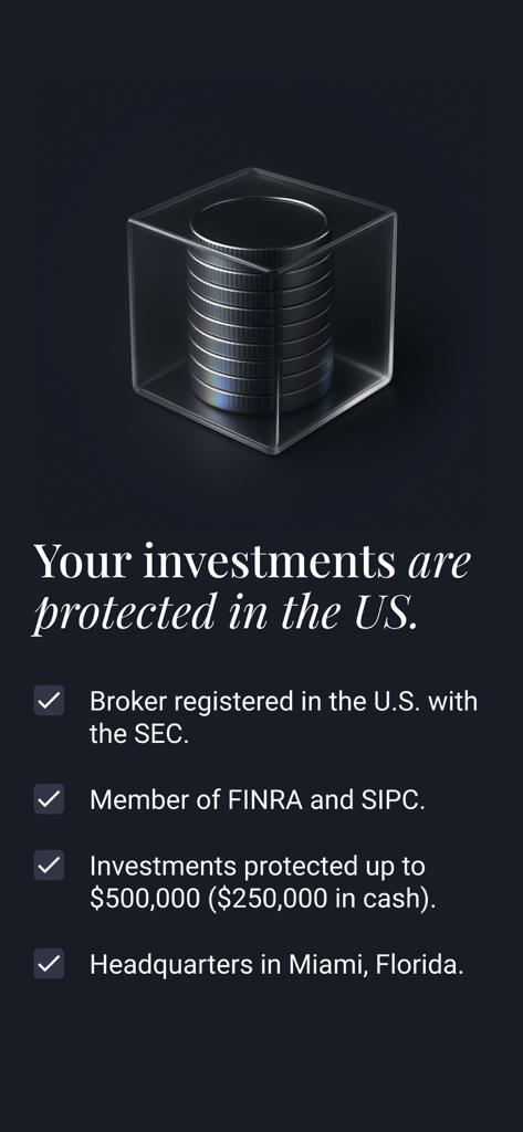Folionet - Folionet app screen displaying US investment protection details and regulatory information.