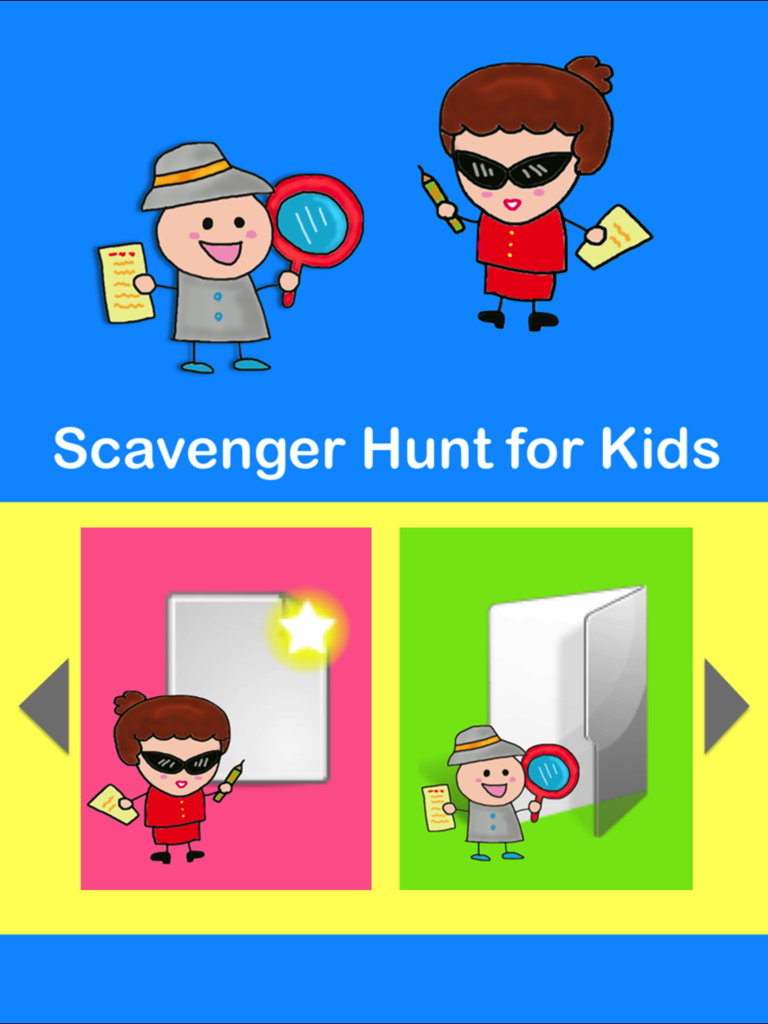 Main menu of the Scavenger Hunt for Kids app featuring cartoon characters and game options.