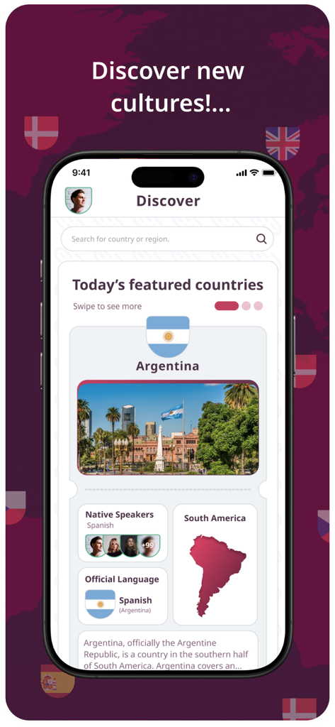 Linguado - Linguado app Discover screen featuring cultural information about Argentina and native speakers
