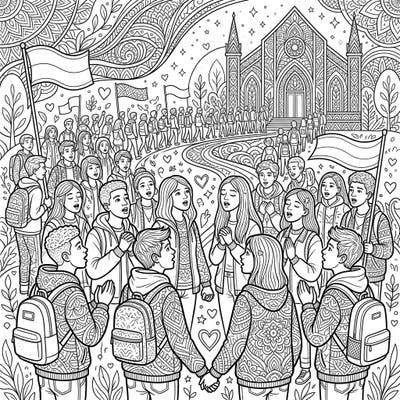 Engage in a profound coloring experience with this intricate design featuring a vibrant religious gathering of teenagers. This detailed scene captures the essence of youth spirituality and community, perfect for inspiring contemplation.