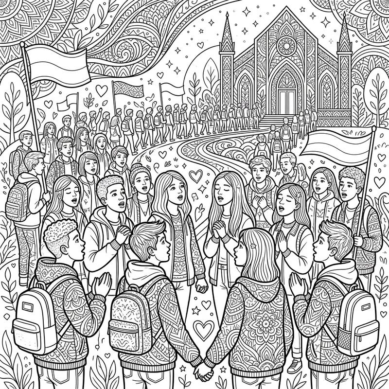 Engage in a profound coloring experience with this intricate design featuring a vibrant religious gathering of teenagers. This detailed scene captures the essence of youth spirituality and community, perfect for inspiring contemplation.