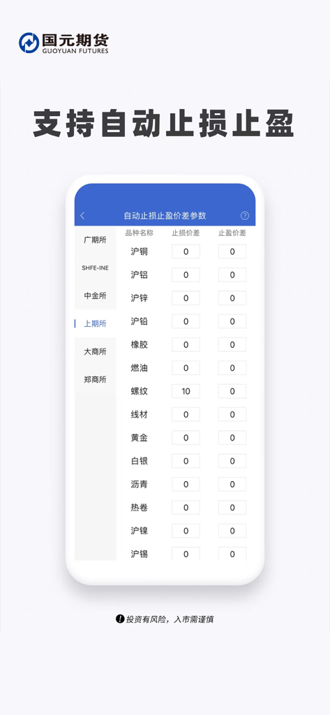 国元期货APP - Guoyuan Futures APP interface for setting automatic stop-loss and take-profit parameters for commodity trading