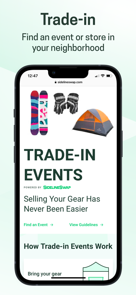 SidelineSwap - Pantalla de la aplicación SidelineSwap para eventos locales de intercambio de equipamiento deportivo