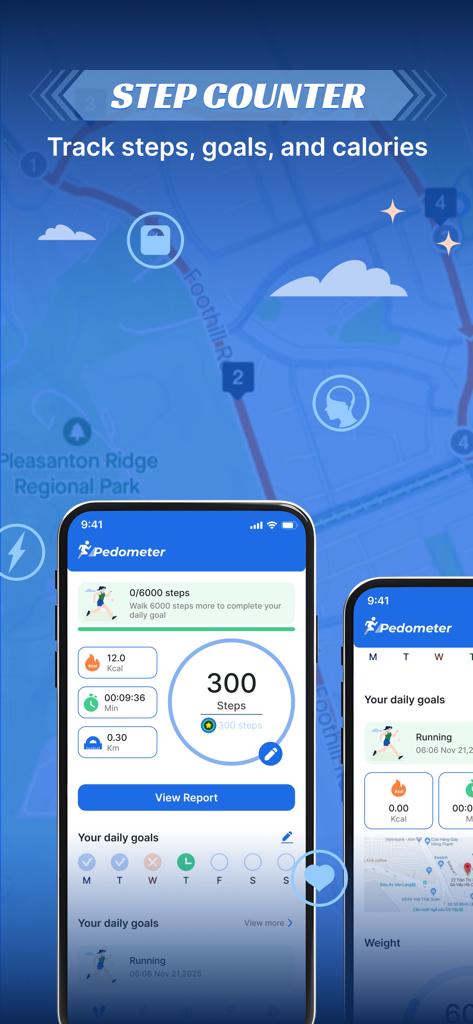 Interfaccia dell'app Walk Log che mostra il conteggio dei passi giornalieri e gli obiettivi di fitness