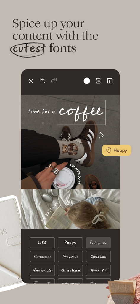klora - scrapbook collages - 디지털 스크랩북 사진 콜라주에 사용된 다양한 미학적인 글꼴을 보여주는 모바일 앱 인터페이스