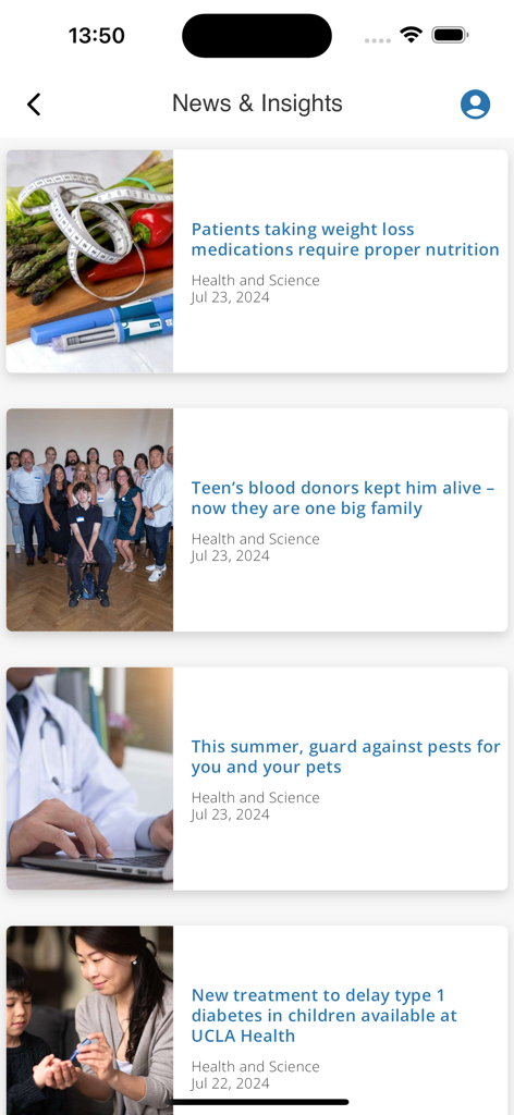 UCLA Health - UCLA Health 앱의 뉴스 및 인사이트 화면 - 건강 교육 기사 및 의료 뉴스 목록 표시