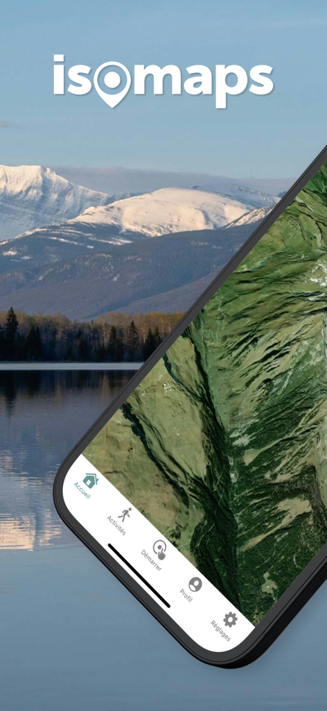 isomaps - isomaps mobile app displaying a high precision topographic map of a mountain landscape on a smartphone screen