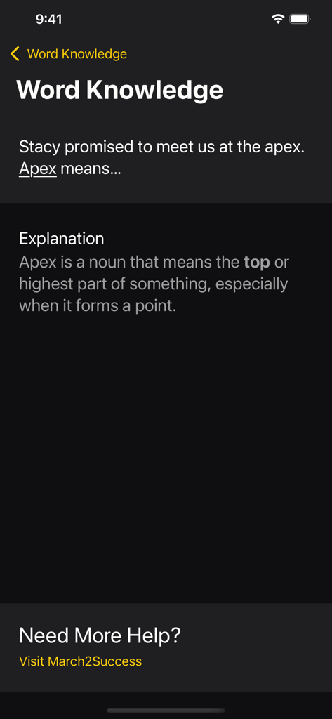 ASVAB Challenge app screen displaying a word knowledge vocabulary question and definition