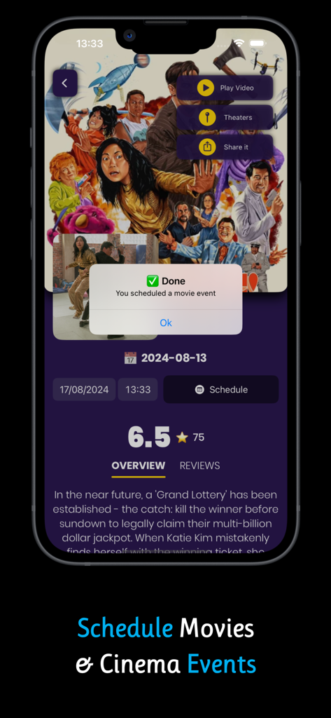 Cinegate - Movies Voice Finder - Cinegate app screen showing a movie event scheduled successfully