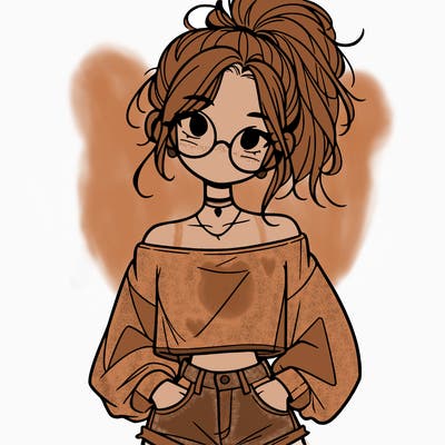 girl with a messy ponytail glasses a baggy crop top and jean shorts