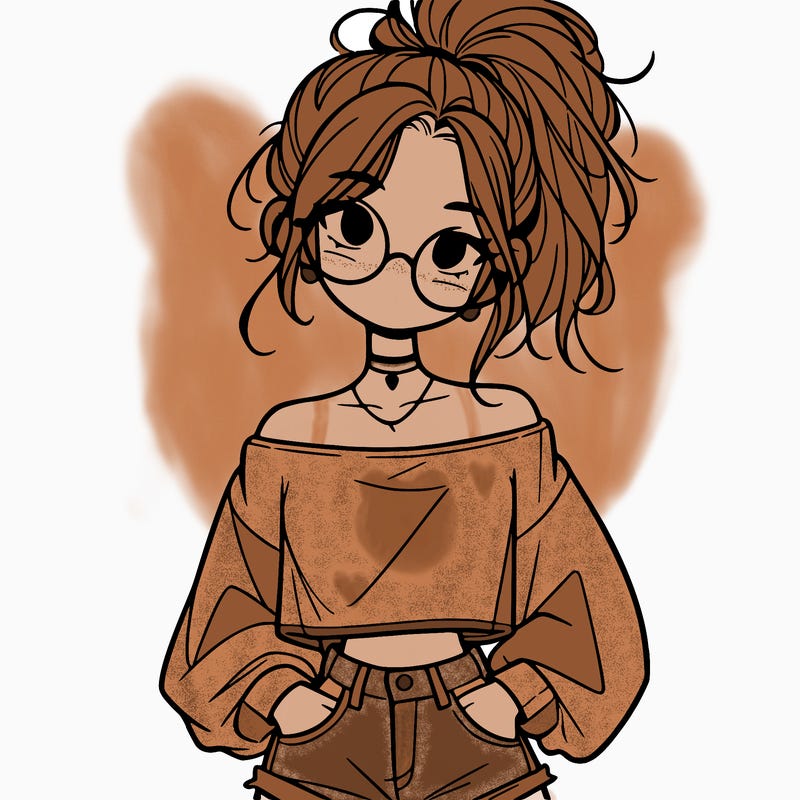 girl with a messy ponytail glasses a baggy crop top and jean shorts