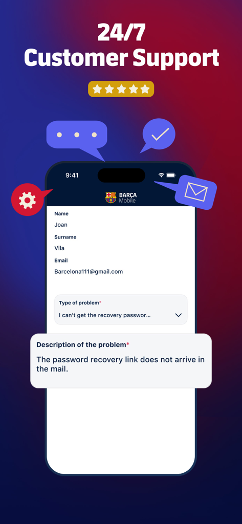 Interface of the Barca Mobile app showing the 24/7 customer support contact form