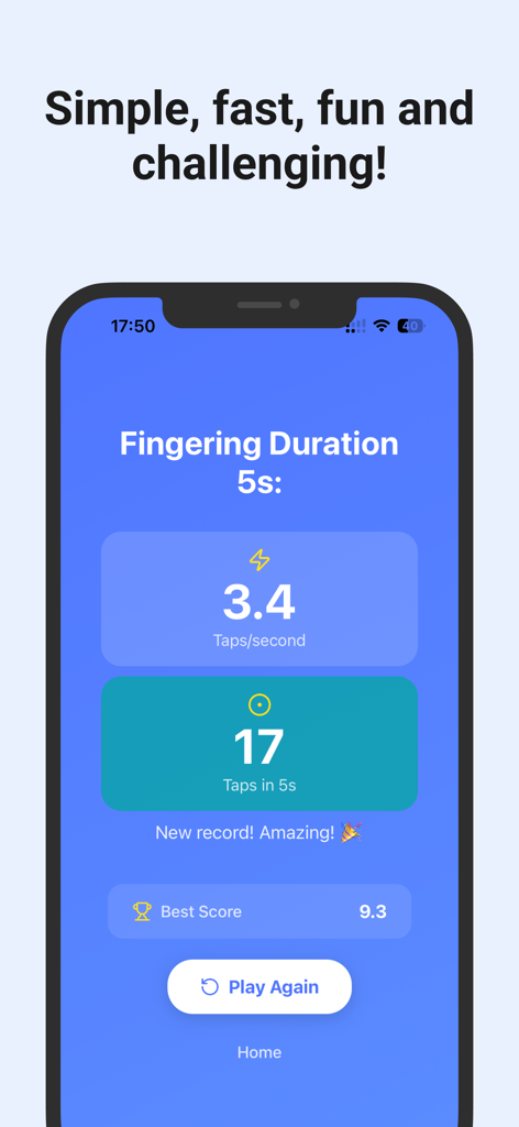 Finger Fast - Tap Speed Test - Ergebnisbildschirm der Finger Fast App zeigt einen Score von 3,4 Tipps pro Sekunde und insgesamt 17 Tipps in einem Fünf-Sekunden-Test.