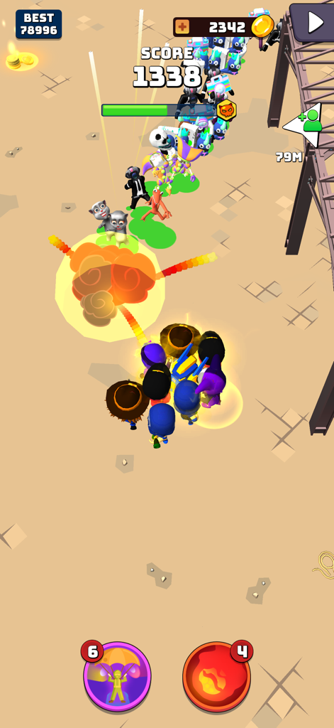 A team of heroes battling a long line of enemies in a desert level in Superhero Shooter 3D.