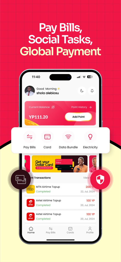 YangaPlug - Pay and Earn - YangaPlugアプリのホーム画面。アカウント残高と、請求書払い、通信時間チャージ、データバンドルのオプションが表示されています。
