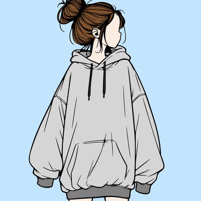 realistic girl with a oversized sweatshirt on and a bun