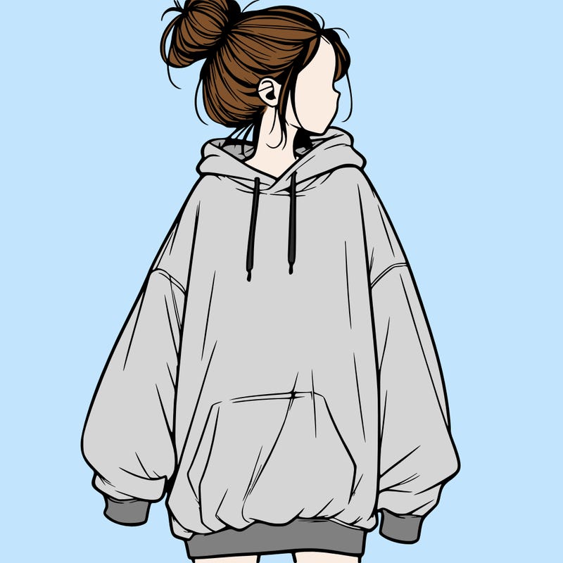 realistic girl with a oversized sweatshirt on and a bun