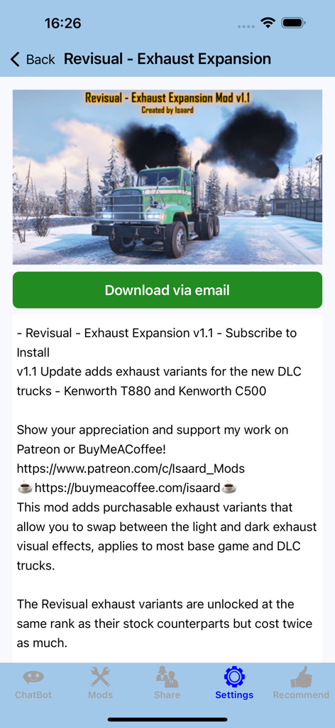 SnowR - DLC Cheat Mods Map(SR) - Captura de pantalla de la aplicación SnowRunner que muestra los detalles del mod de camión Revisual Exhaust Expansion con una imagen de vista previa y un botón de descarga.
