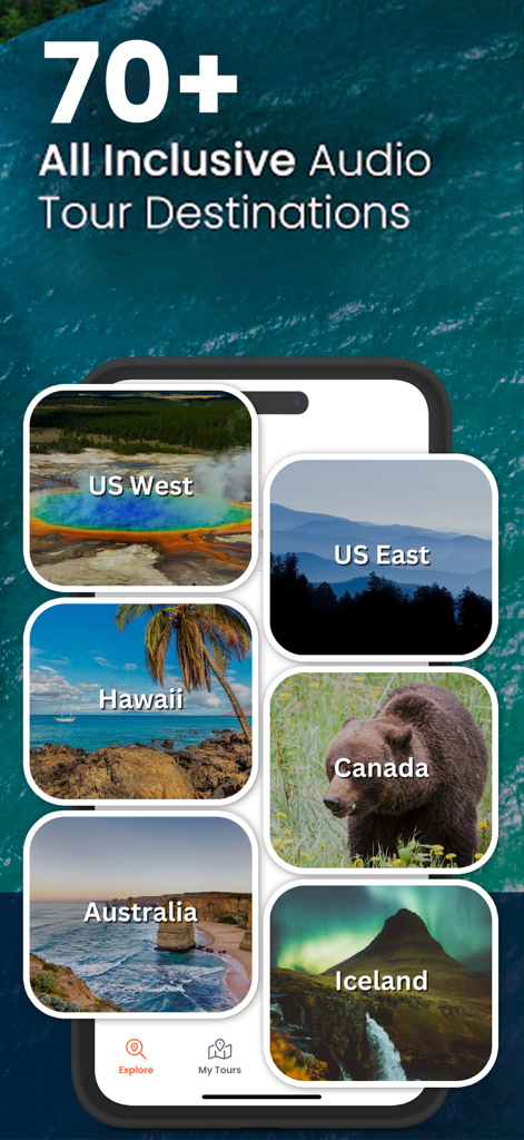 GuideAlong | GPS Audio Tours - GuideAlong app screen showing over 70 audio tour destinations including US West, Hawaii, Canada, Australia, and Iceland.