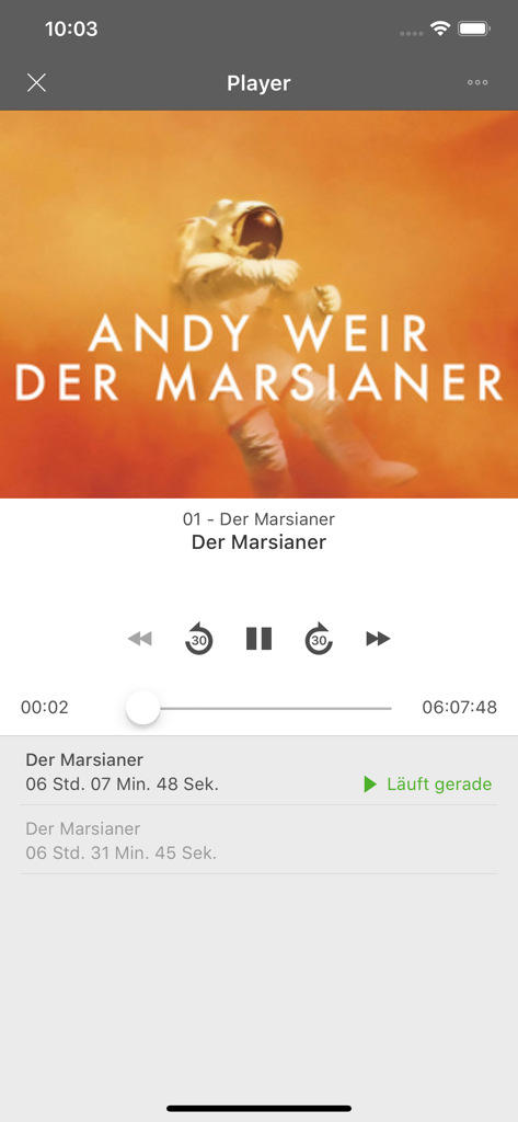 Audio player interface in the Onleihe app playing the German audiobook Der Marsianer