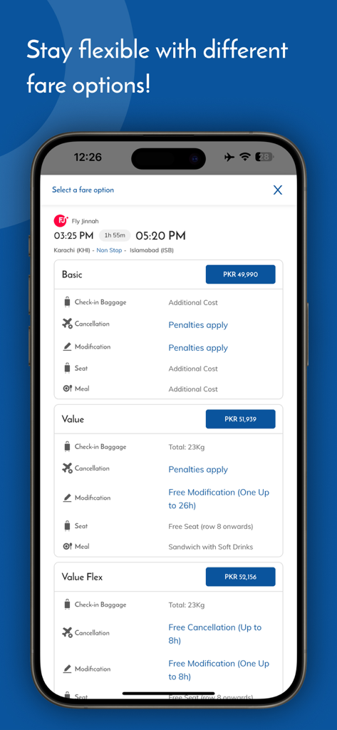 Sastaticket.pk Flights, Bus - Sastaticket app screen showing different flight fare categories like Basic and Value with details on baggage and cancellation for a flight from Karachi to Islamabad