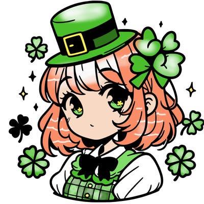 a manga-style girl with clovers around her, a little hat in her hair, like it's saint patrick's day