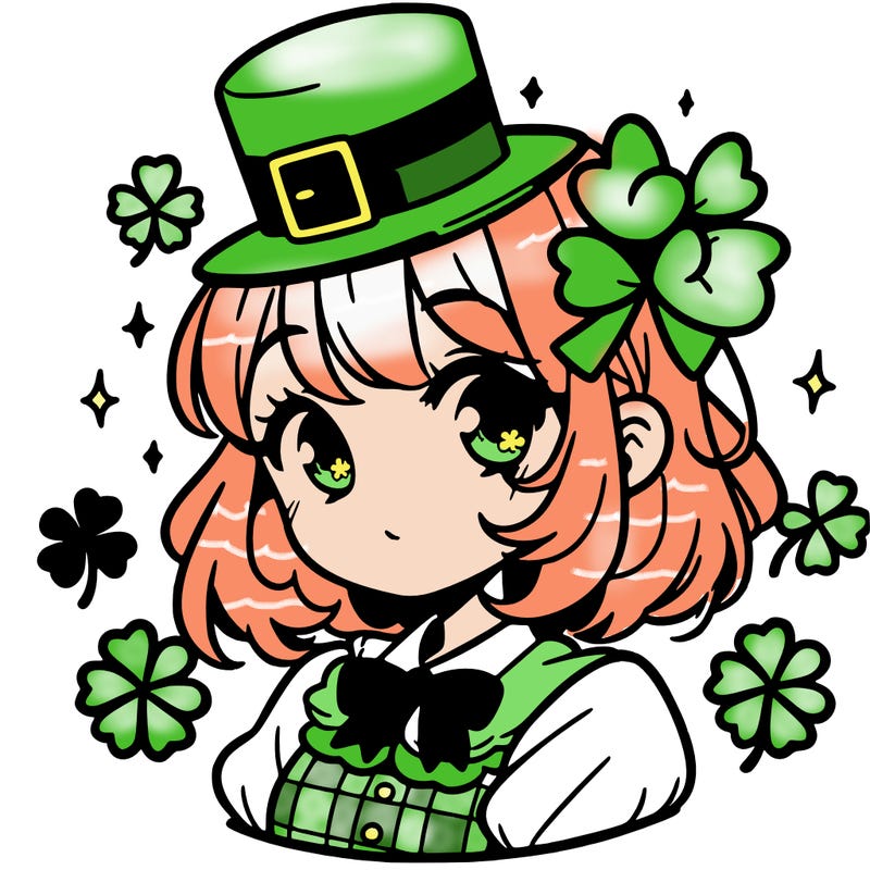 a manga-style girl with clovers around her, a little hat in her hair, like it's saint patrick's day
