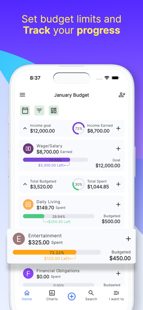 Tableau de bord de l'application iSaveMoneyGo montrant les objectifs de revenus mensuels et les barres de progression des dépenses pour différentes catégories.
