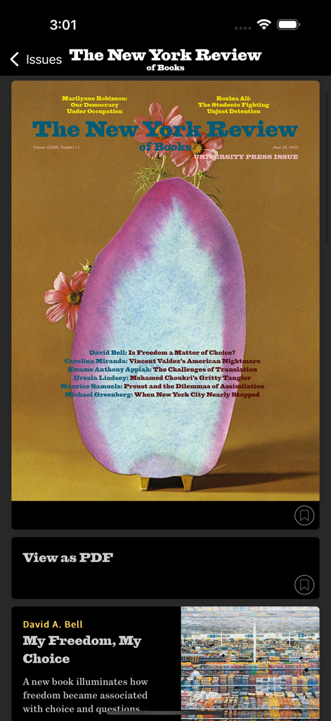 The New York Review of Books - ニューヨーク・レビュー・オブ・ブックスアプリのインターフェース。雑誌の表紙と記事の抜粋が表示されています。